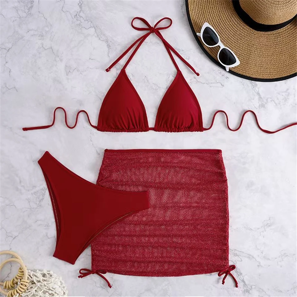 3ピース トライアングルビキニ水着 カバーアップ付きビーチスカート セクシー 無地水着 レディース 2025 水泳水着 夏