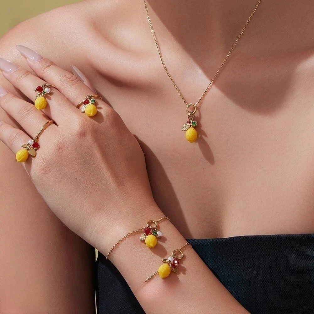 

Titanium Steel Hypoallergenic Lemon Pendant Necklace, Women’s Fresh Style Jewelry with Pearl & Zircon Accents