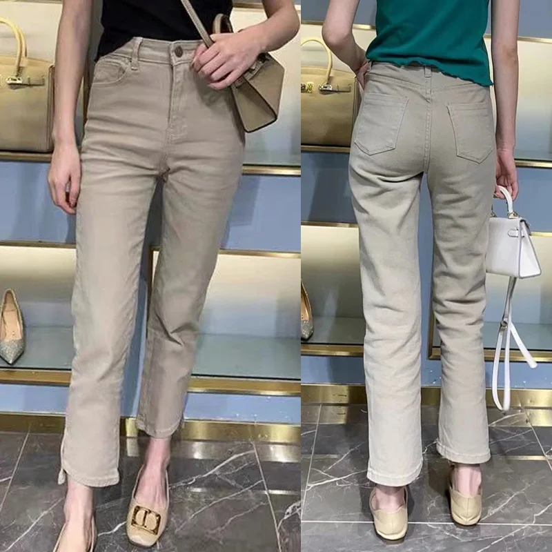 

Прямые джинсы с высокой талией, женские эластичные джинсовые брюки с разрезом, большие размеры, утягивающие брюки с девятью точками, корейские брюки, большие размеры