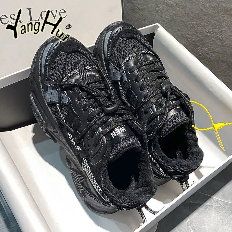 Sneakers Mesh Splicing Korean Style Plus Velvet Keep Warm Sports Leisure Black Shoes for Women 2023 New Autumn Winter