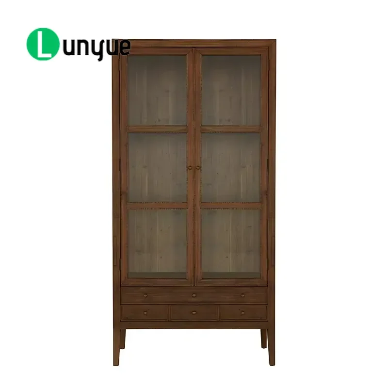 Vintage Rustic Display Cabinet Recycled Solid Wood High Glass Doors Storage Cupboard for Living Room Home Decor Furniture