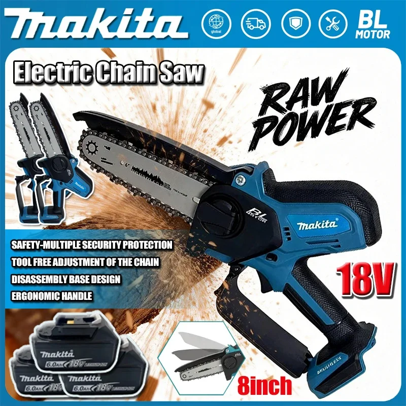 

Электрическая цепная пила Makita с ходом цепи 20 мм, скоростью 8,0 м/с, оснащенная защитой от разлетающихся брызг и автоматической подачей цепи, для аккумулятора 18 В