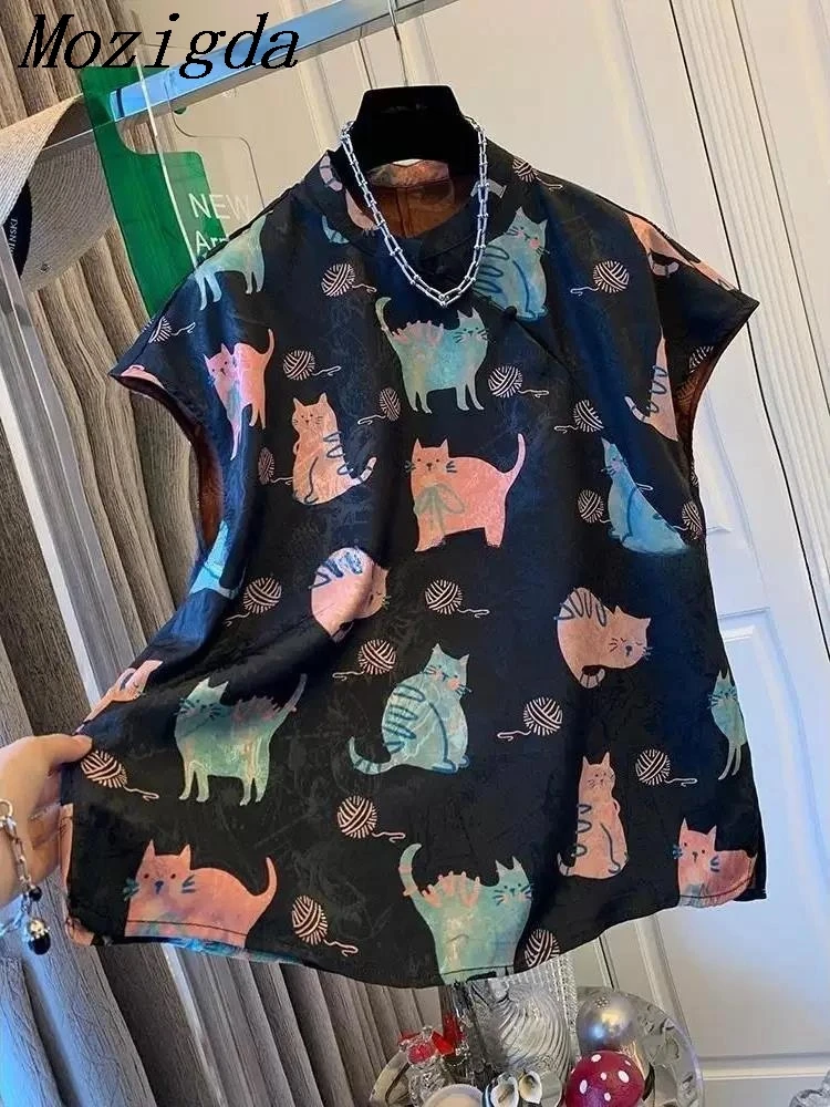 

Summer Casual Loose Retro Thin Shirt New Chinese Style Cat Print Short Sleeve Shirt Women's Clothing Ladies Tops