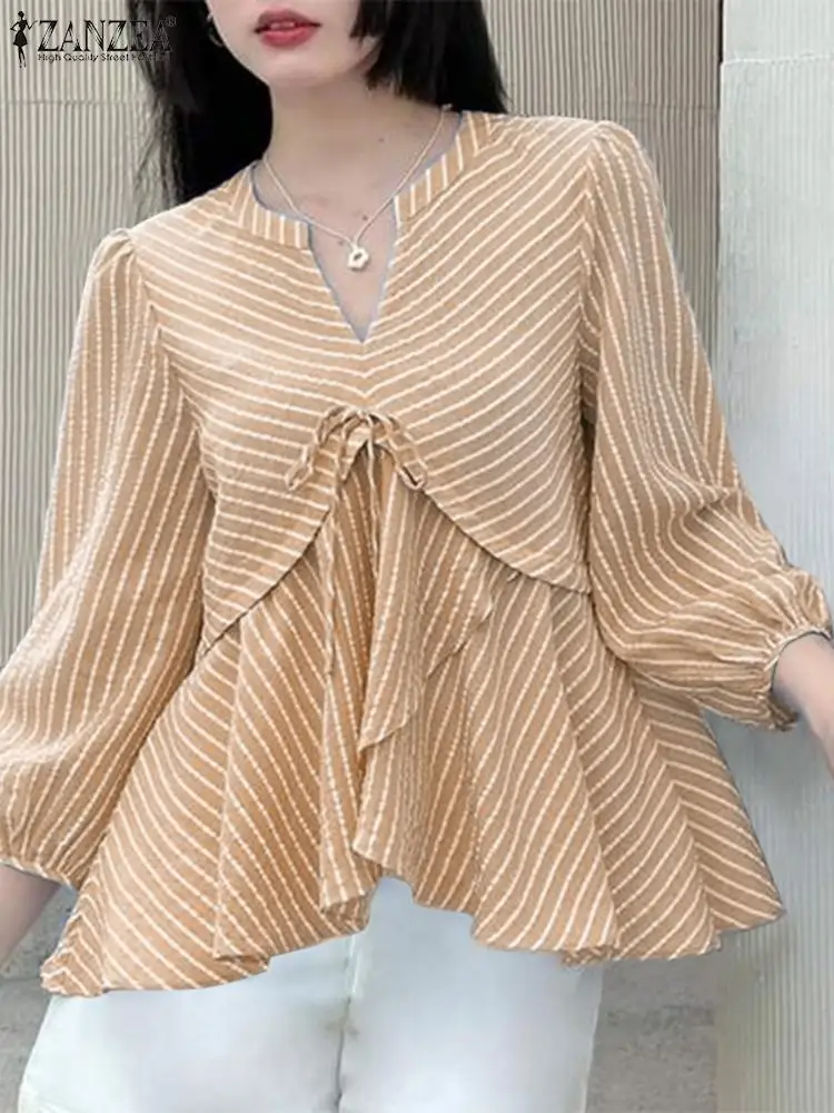 ZANZEA Vintage Chic Bandage Pleated Shirt Elegant Stripes Women Blouse Korean Bow 3/4 Lantern Sleeve Tops Fashion Party Tunics