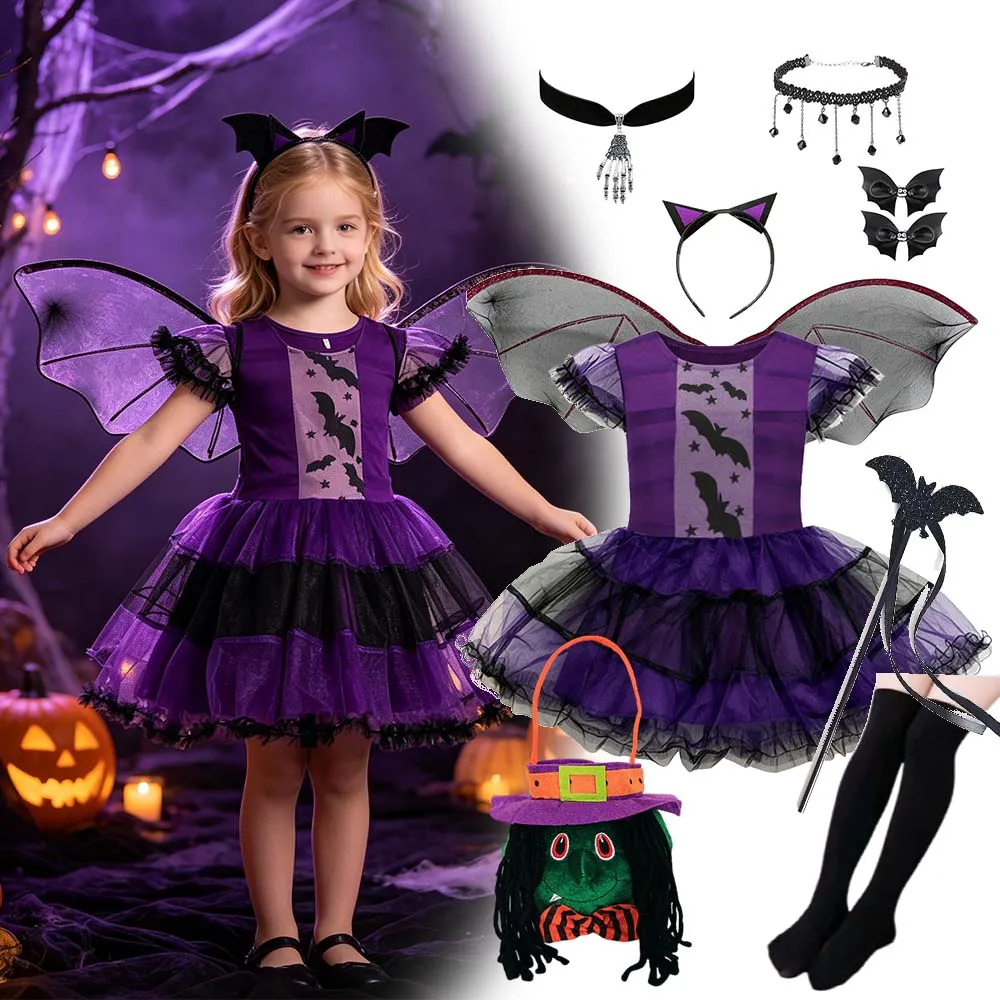 Disfraz de bruja murciélago de Halloween para niñas, conjunto completo con alas, collar, calcetines, guantes de rejilla para fiesta temática