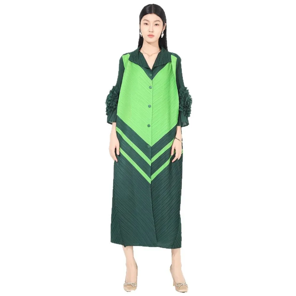 Sukienka 2026 Mały Kołnierzyk Kwiatowy Guzikowy Rozmiar S Siedem ósmych Rękaw Plisowany Kardigan Długa Sukienka Letnia Odzież Bliski Wschód