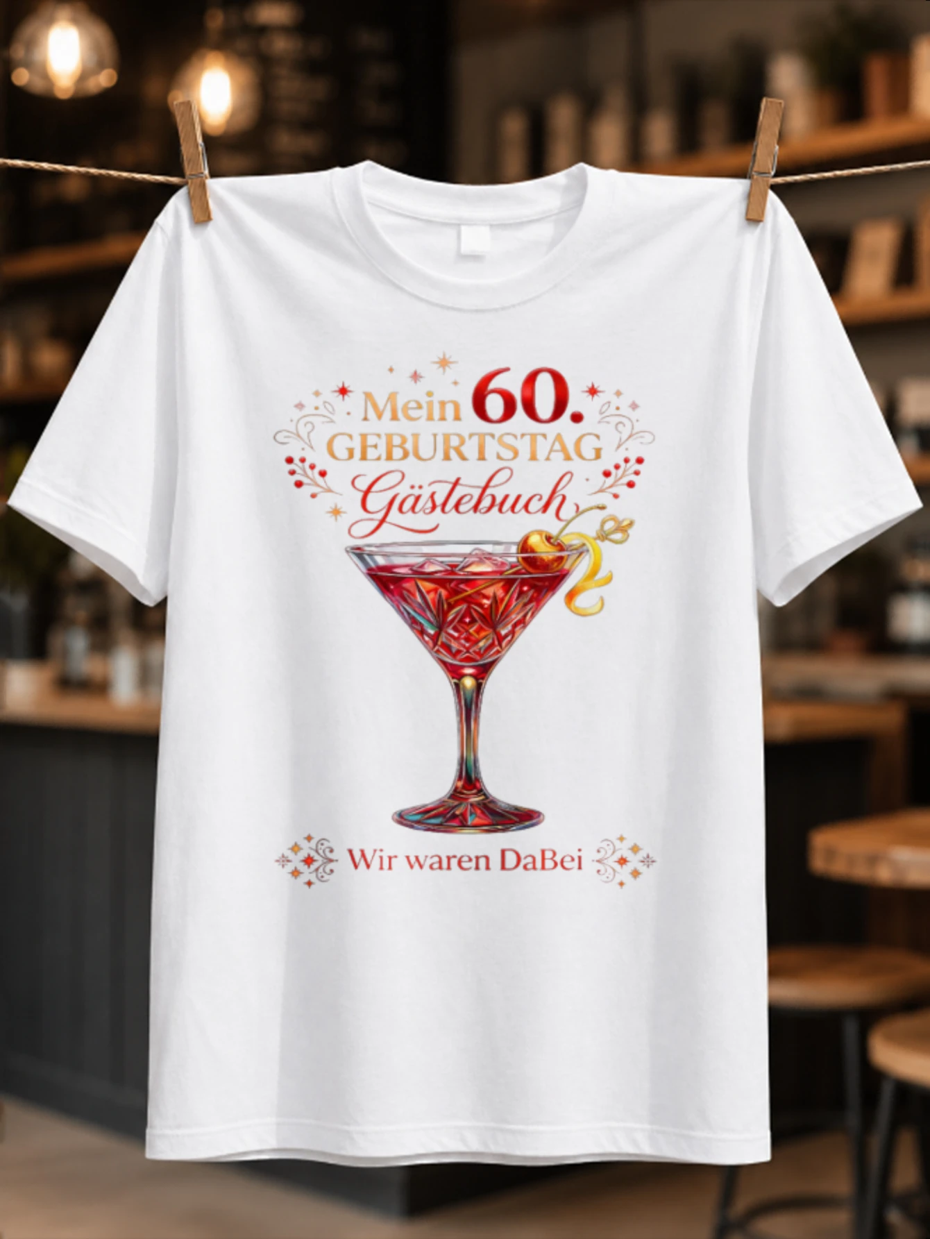 Mein 60 Geburtstag Gastebuch jeweled cocktail glass with red gold birthday script and celebration  Unisex All T-Shirt