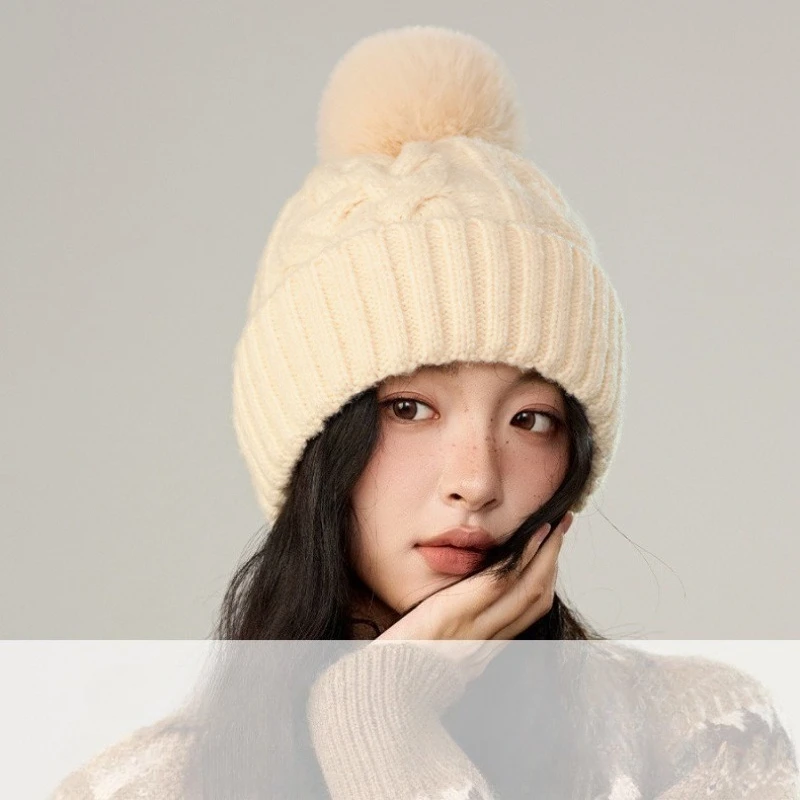 Women's Cable Knit Beanie with Oversized Pom Pom Autumn Winter Warm Chunky Ribbed Hat Cute Fluffy Folded Cuff Knitted Cap