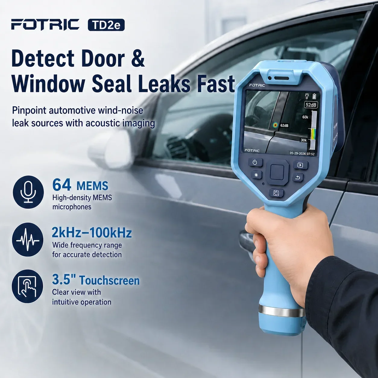 FOTRIC TD2e 64 MEMS Acoustic Imager Ultrasonic Leak Detector Camera 0.3-60m 2kHz-100kHz for Automotive Wind Noise Door Window Seal Tire Hose Air Vacuum Gas Leak Test Compressed Air Pipe HVAC Maintenance Sound Source Locator IP54 3.5in 5MP Touchscreen Tool