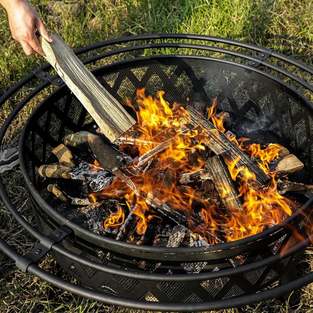 حفرة نار منسوجة متقاطعة مقاس 42 بوصة في الهواء الطلق مع شاشة شرارة وبوكر النار لحرائق الفناء والحديقة #4