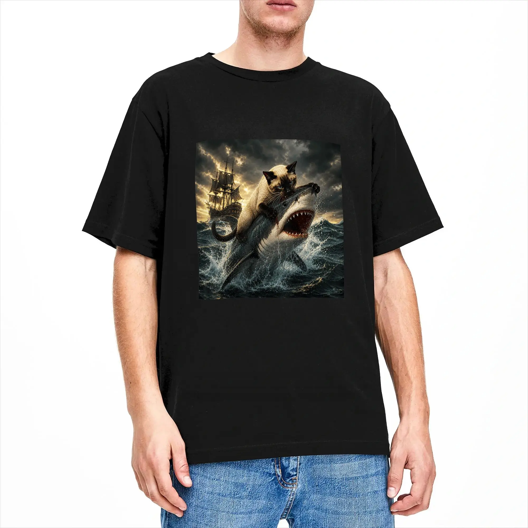 Siamese Cat Biting Shark T Shirts Men's  Cotton Fashion T-Shirt Crewneck  Tee Shirt Short Sleeve Clothing Printing
