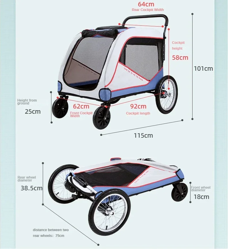 Large Dog Stroller Foldable Pet Stroller for Medium Large Multiple Dogs with Rotating Front Wheels Rear Brakes Load Bearing 80kg