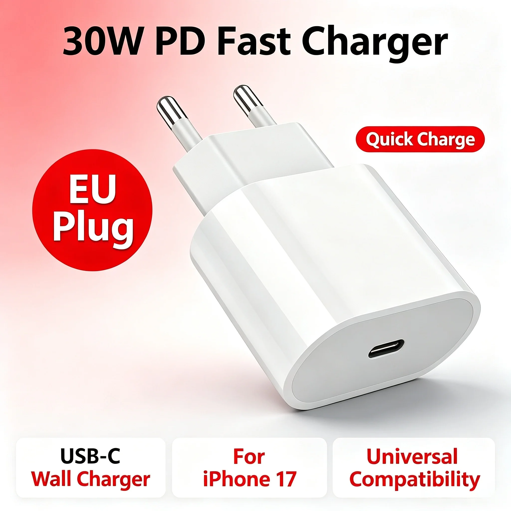 30W USB‑C PD Fast Charging Wall Charger EU Plug Power Adapter For iPhone 17 16 15 Pro Max iPad Mobile Phone Charger