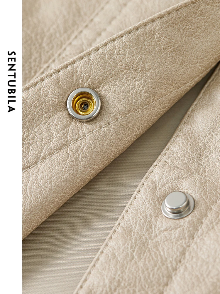 SENTUBILA Women Retro Faux Leather Cropped Jackets 2025 Autumn Casual Turn Down Collar Long Sleeve Moto Outerwear W43G56294