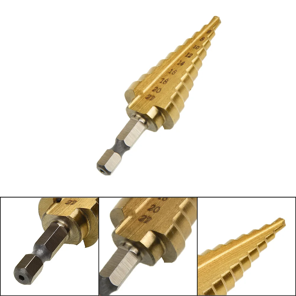 Titanium Step Drill 6.35mm High Quality Hole Sheet Metal Cone 4-22mm HSS Hex 75mm Cutter Gold High Speed Steel