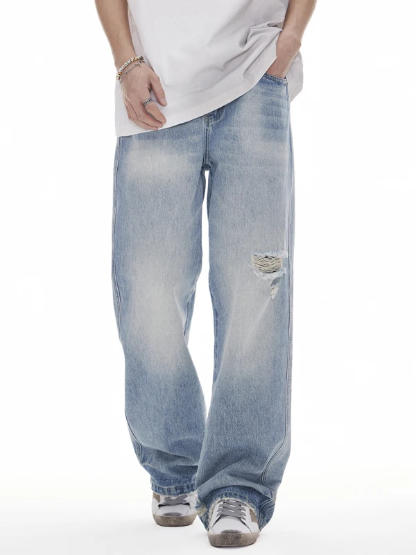 

Retro American Men's Loose Straight Leg Jeans Casual Lightweight Floral Embroidery Denim Pants High Street Style Casual Long ...