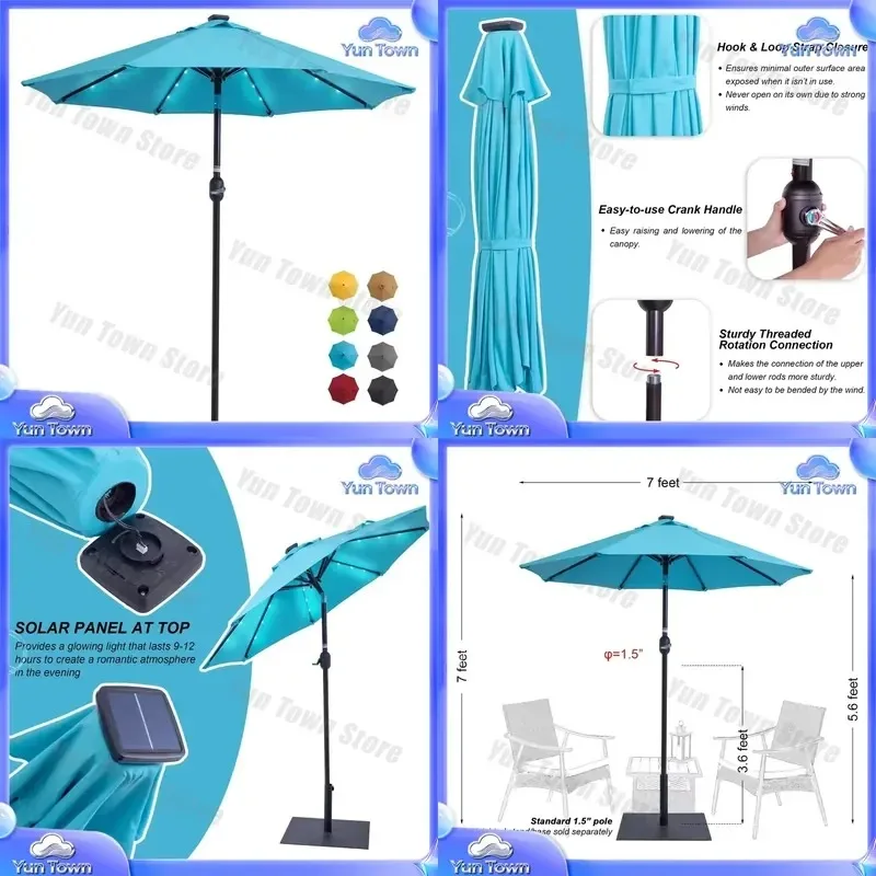 Danlong 7ft Sun Garden Center Pole Patio Umbrella for Outdoor Solar LED Parasol with Tilt Mechanism for Backyard Deck Pool