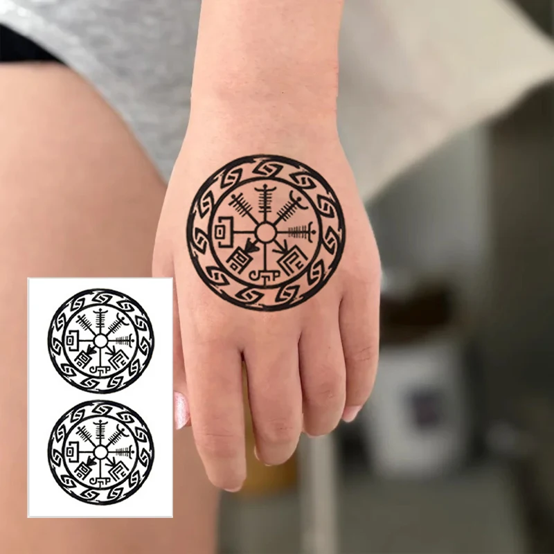 1-Pack Viking Thunder God Hammer Tattoo Sticker Black round Niche Decal Permanent Herbal Juice Paper Realistic Scar Covering Sem