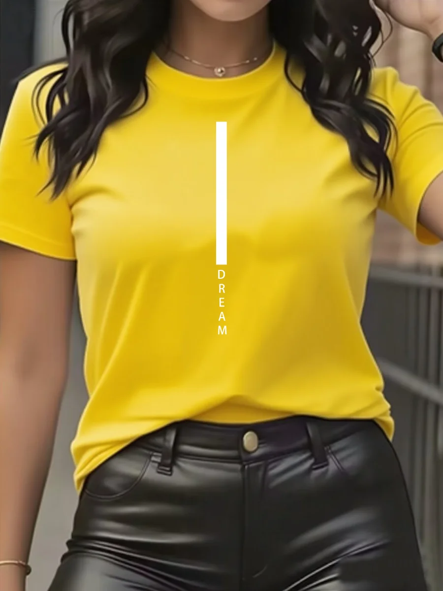 تي شيرت نسائي صيفي فضفاض مريح غير رسمي مطبوع عليه حروف حلمية عصرية برقبة دائرية تي شيرت نسائي