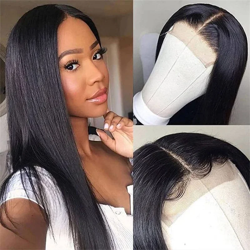 

Gluelesss 180%Density 32inch Natural Black Silky Straight 13*6 Big HD Lace Human Hair Wig For Women With BabyHair Preplucked