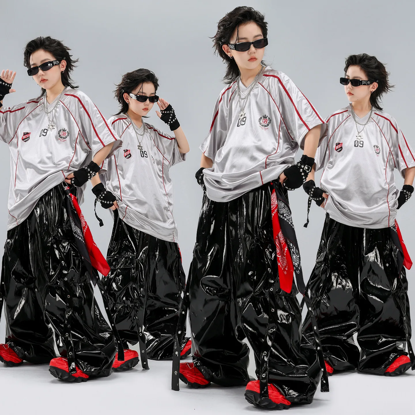 Boys Girls Silver Red Braided Rope Oversized Tee PU Leather Cargo Pants Hip Hop Dance Outfit Kids Jazz Stage Costume Streetwear