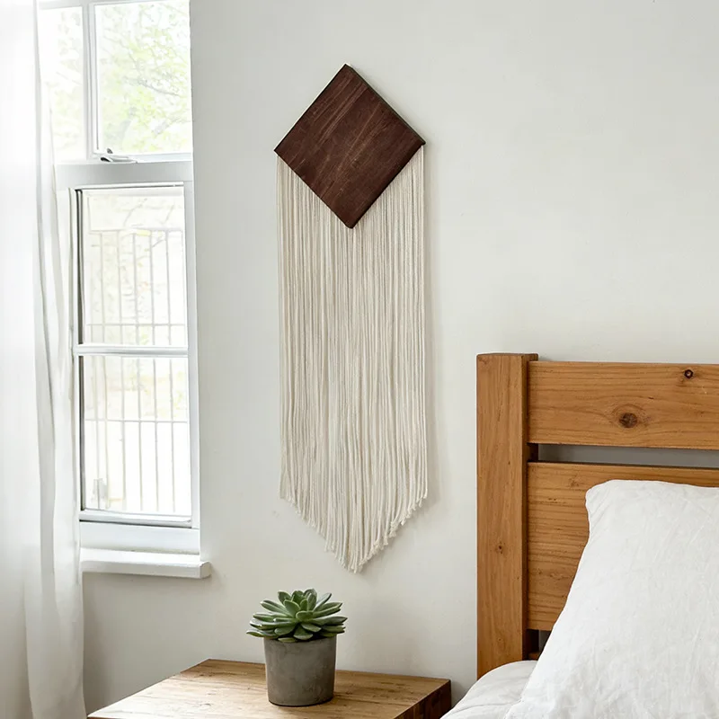 Bohemian Cotton Rope Woven Tapestry with Trailing Fringe Diamond Wooden Board Wall Decor for Hotel Hanging Artwork