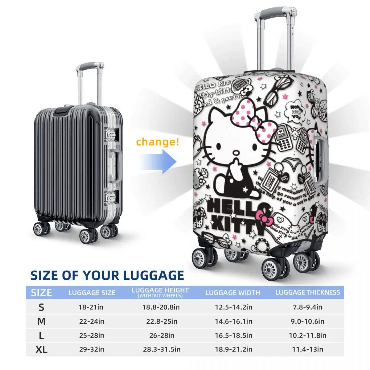 Hello Kitty-Juste de bagage élastique personnalisée, housses de valise de voyage, protecteur, mode