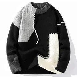 Men's Sweater Autumn Winter Men's Casual Lazy Style Sweater Crewneck Splicing Pullover Fashion Men's Home Wear Pajamas Casual