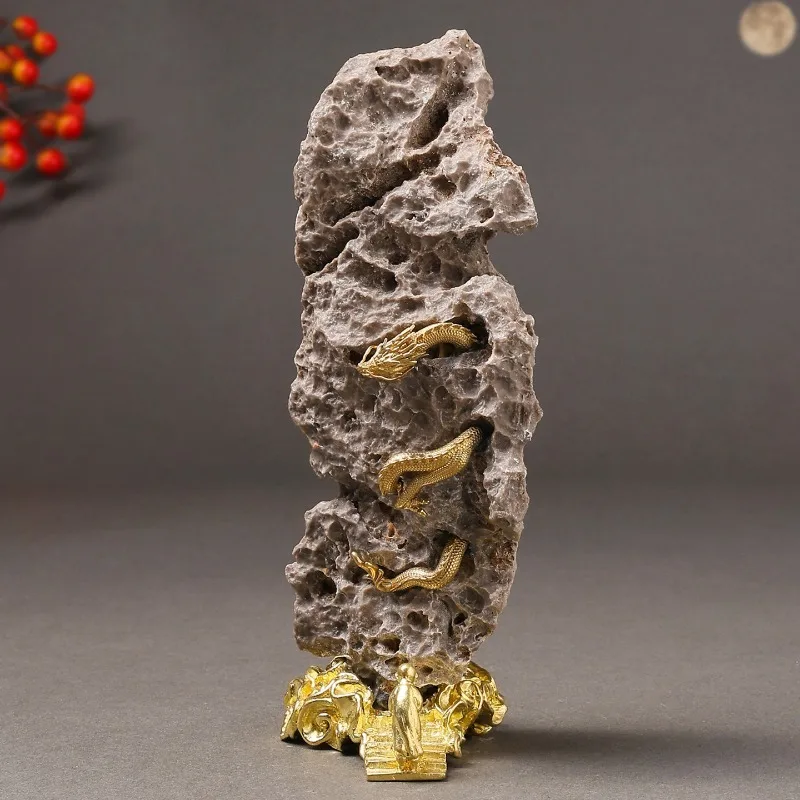 Original Panlong rockery desktop ornament brass handicrafts natural rough stone strange stone entrance decoration