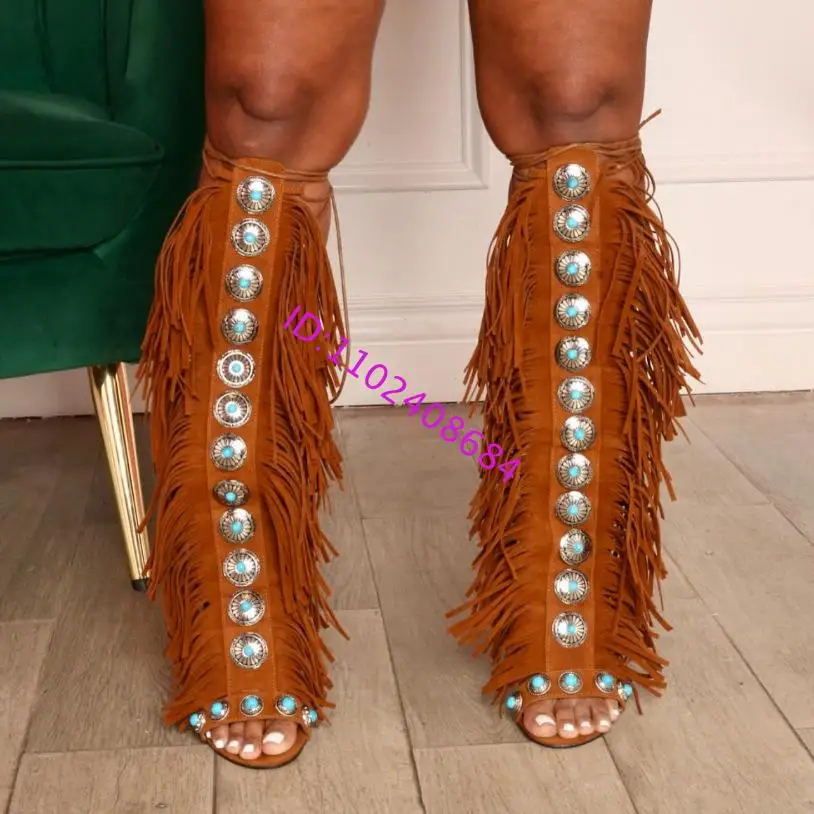 Sexy Lady Summer Open Toe Metal Beading Tassel Knee High Boots Women 10Cm High Heel Back Lace Up Slingback Tassel Summer Boots