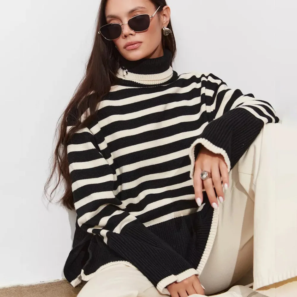 Chic High-necked Striped Knitted Sweater Jumpers Pullovers Women's Top Autumn and Winter Loose Pullover Sweater Women Y2K