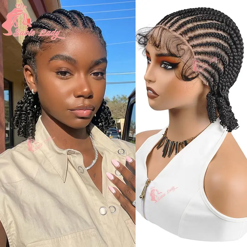 Handmade Short Bob Cornrow Braided Wigs Synthetic Glueless HD Full Lace Knotless Box Braided Wig With Curly Ends