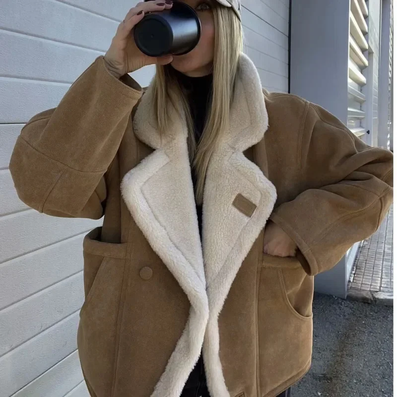 Casual Brown Thicken Lamb Wool Coat Women Chic Lapel Long Sleeve Button Suede Jacket 2024 Autumn Winter Lady Streetwear Coats