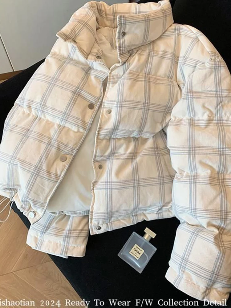 Zoki ريترو سروال قصير منقوش سترات نسائية فضفاضة حلوة كم طويل خمر منتفخ معطف Preppy نمط الشتاء الوقوف طوق سترة الكورية