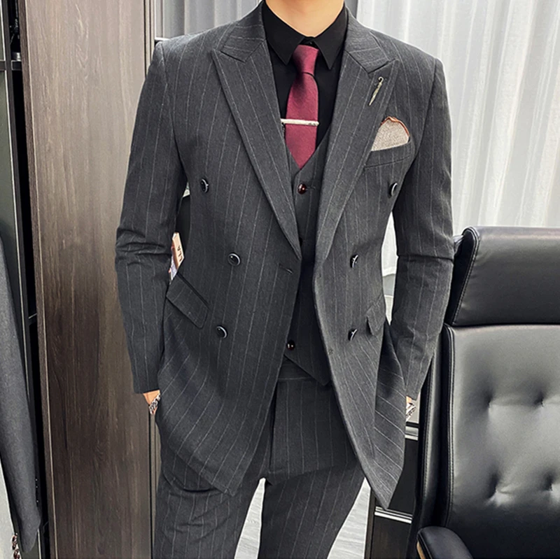 

New Men's Suit Three Piece Business Casual British Striped Plus Size Male Double Breasted Dress Blazers Jacket Pants Vest Formal