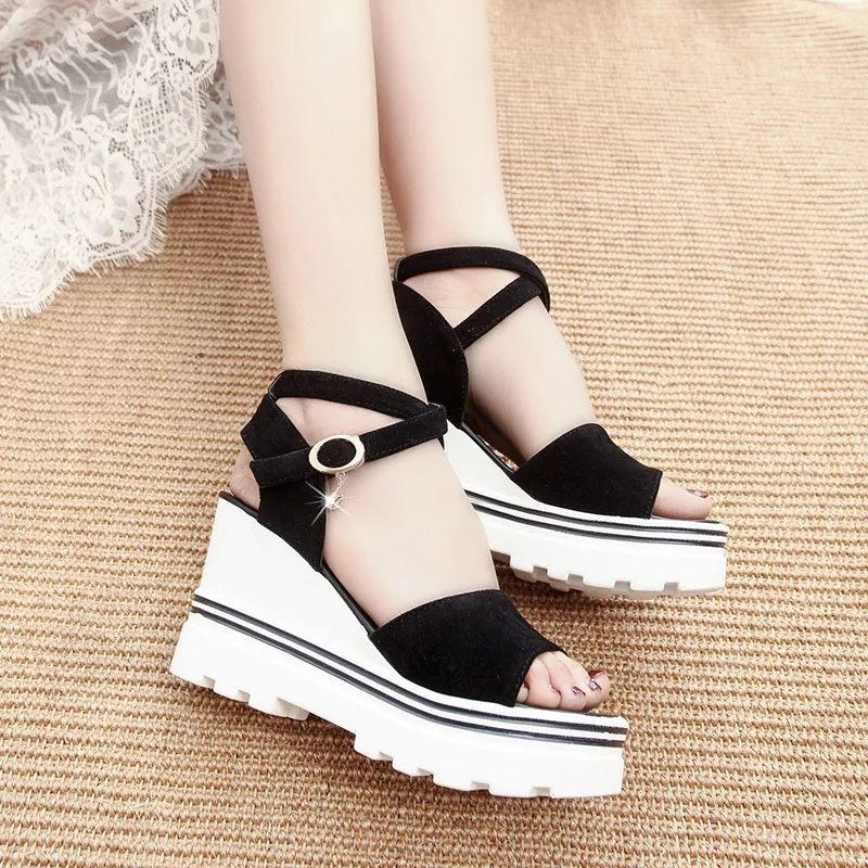 Vrouwen Zomer Wig Sandalen Vrouwelijke Gesp vismond Platform Bohemen Hoge Hak Sandalen Mode Enkelbandje Open Teen Dames Schoenen