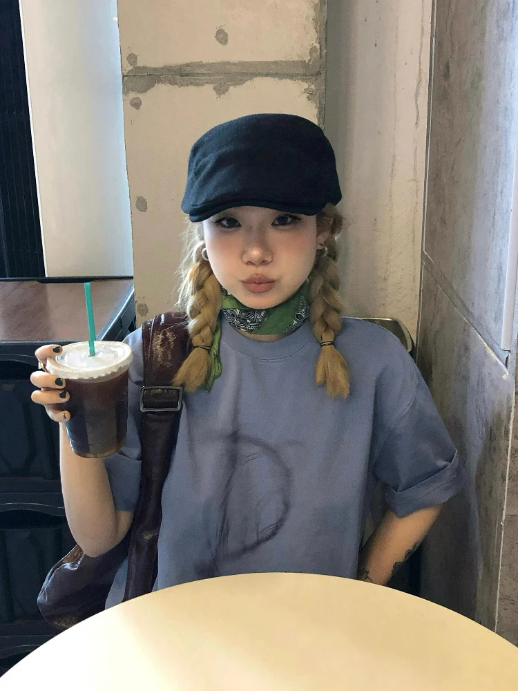 T-shirt retrò americana Waed Or Sve da donna Summer Letter Logo Top sciolto in puro cotone Trendy Brand round Ne Casual Fit