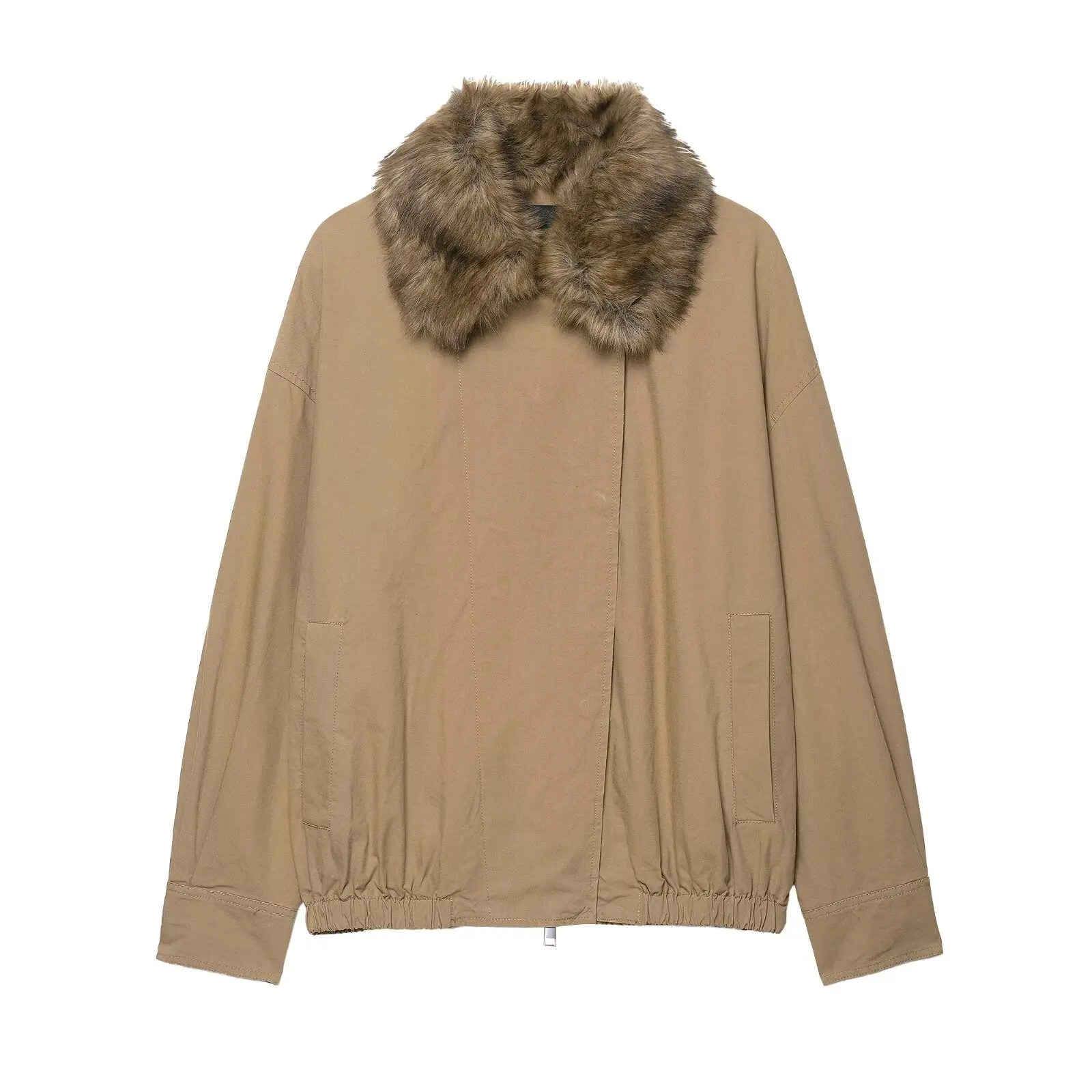 KASLEAD New Faionable Artificial Fur Collar Pilot Jaet Women's ort Outerwear Long Sve Zipper Polyester Fiber