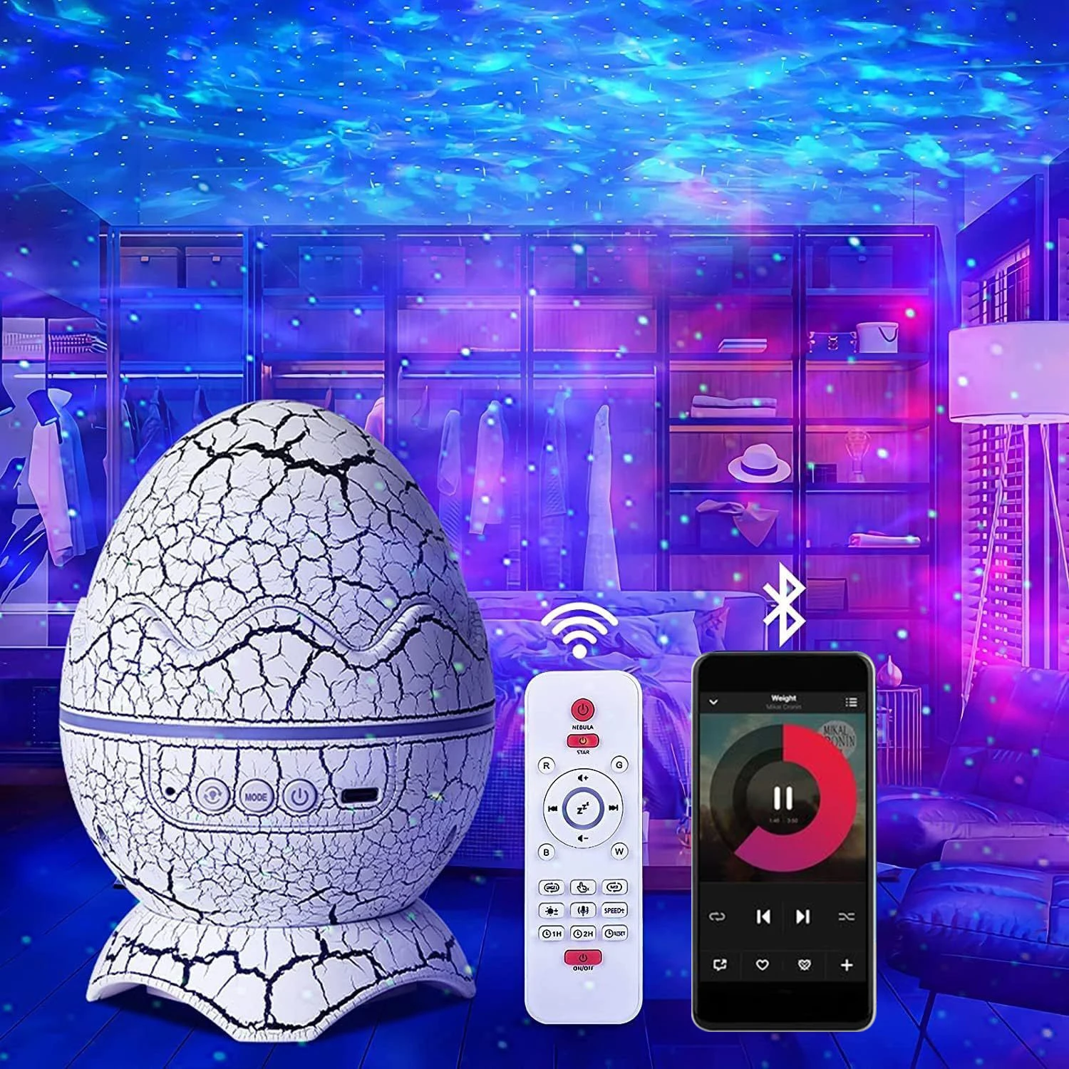 Starry Projector Night Light Dinosaur Egg Bluetooth Speaker USB Plug-in Remote Control for Room LED Ambient Light Children Gift