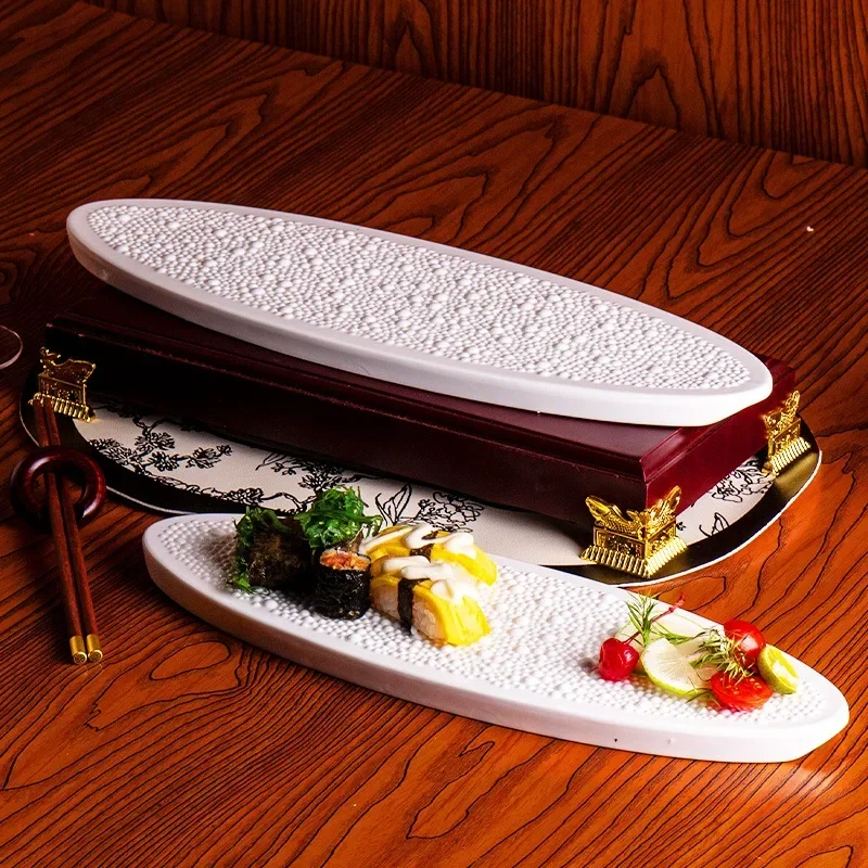 Creative white ceramic long plate meteorite pearl point oval  dessert snack molecular cuisine art