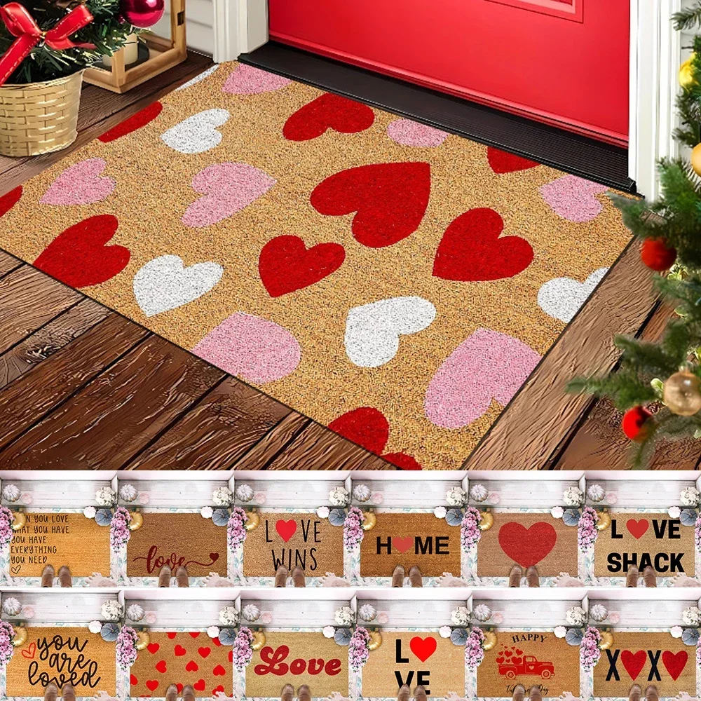 

Valentines Day Heart Print Doormat Kitchen Floor Mat No-slip Washable Entrance Welcome Standing Mats Indoor Outdoor Decoration