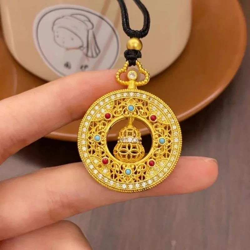 

Gold Plated Copper China-Chic Ancient Round Brand Hollowed Out Gourd Eight Treasure Compass Pendant Necklace Court Imitation Re