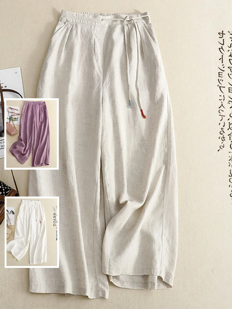 

Хлопковые льняные брюки с высокой талией и широкими штанинами, летние повседневные свободные брюки с кисточками и завязками на талии, прямой крой, драпировка