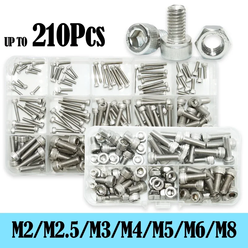 

M2 M3 M4 M5 M6 M8 Hex Allen Socket Cap Head Screw Nut Kit 304 Stainless Steel DIN912 DIY Hexagon Bolt Nut for Furniture Ship Car