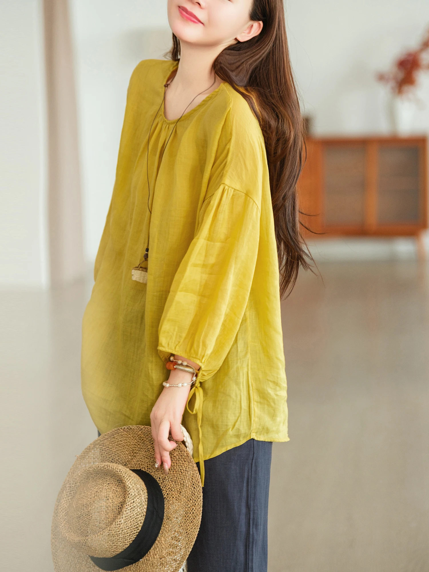 Loose Artistic Style Women's Top with Belt Fine Flax Lantern Sleeve 100% Flax Material Seven-Quarter Sleeve round Neck