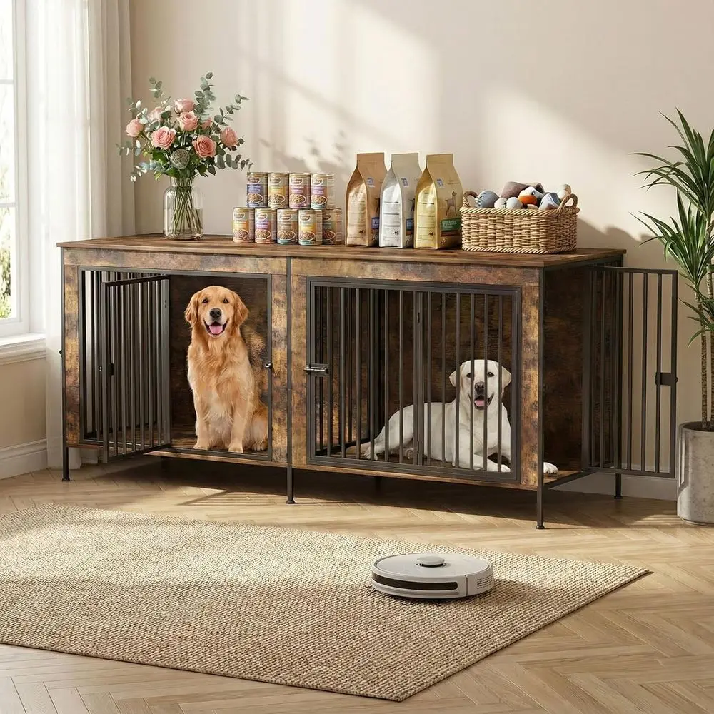 

Sturdy 78 Indoor Dog Crate Furniture for Two Large Dogs, Decorative Rustic Brown TV Stand with Elevated Vacuum-Friendly Base