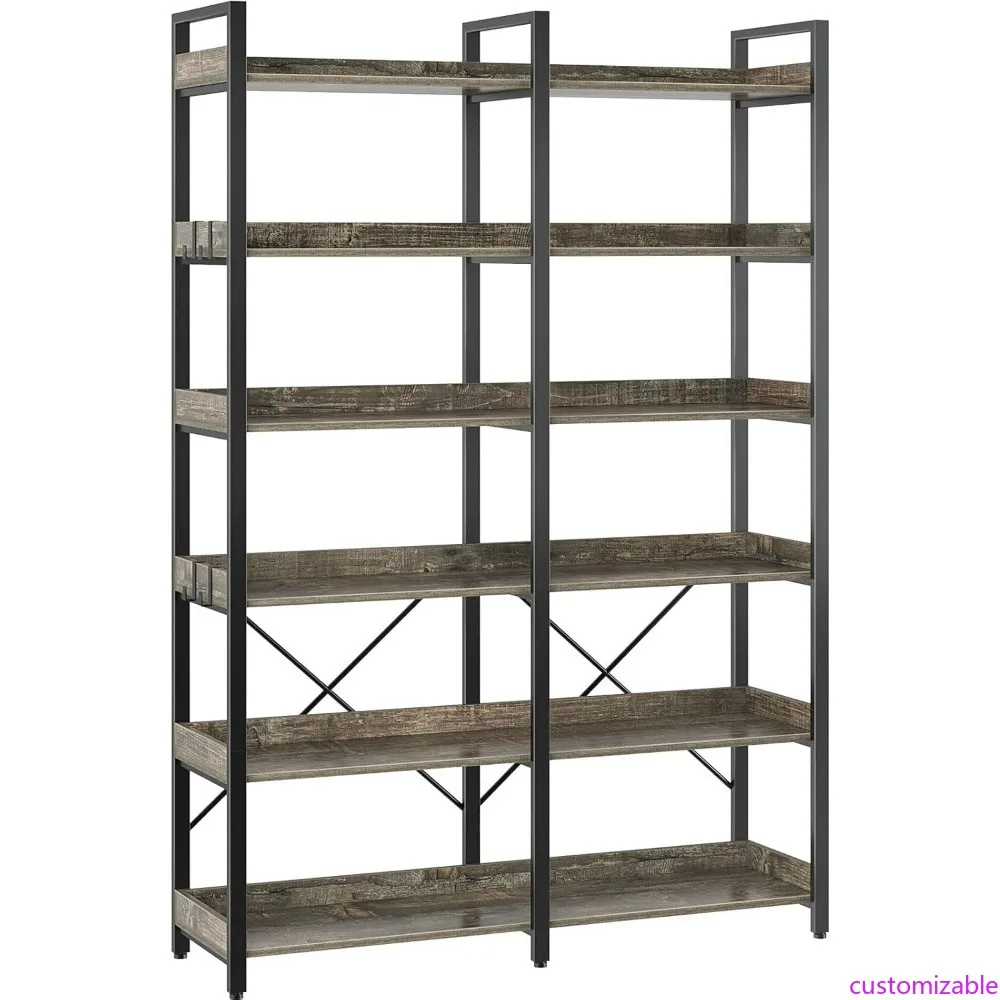 

6-уровневый деревянный книжный шкаф в индустриальном стиле с 4 крючками, 67 высоких винтажных открытых стеллажей для хранения в деревенском стиле