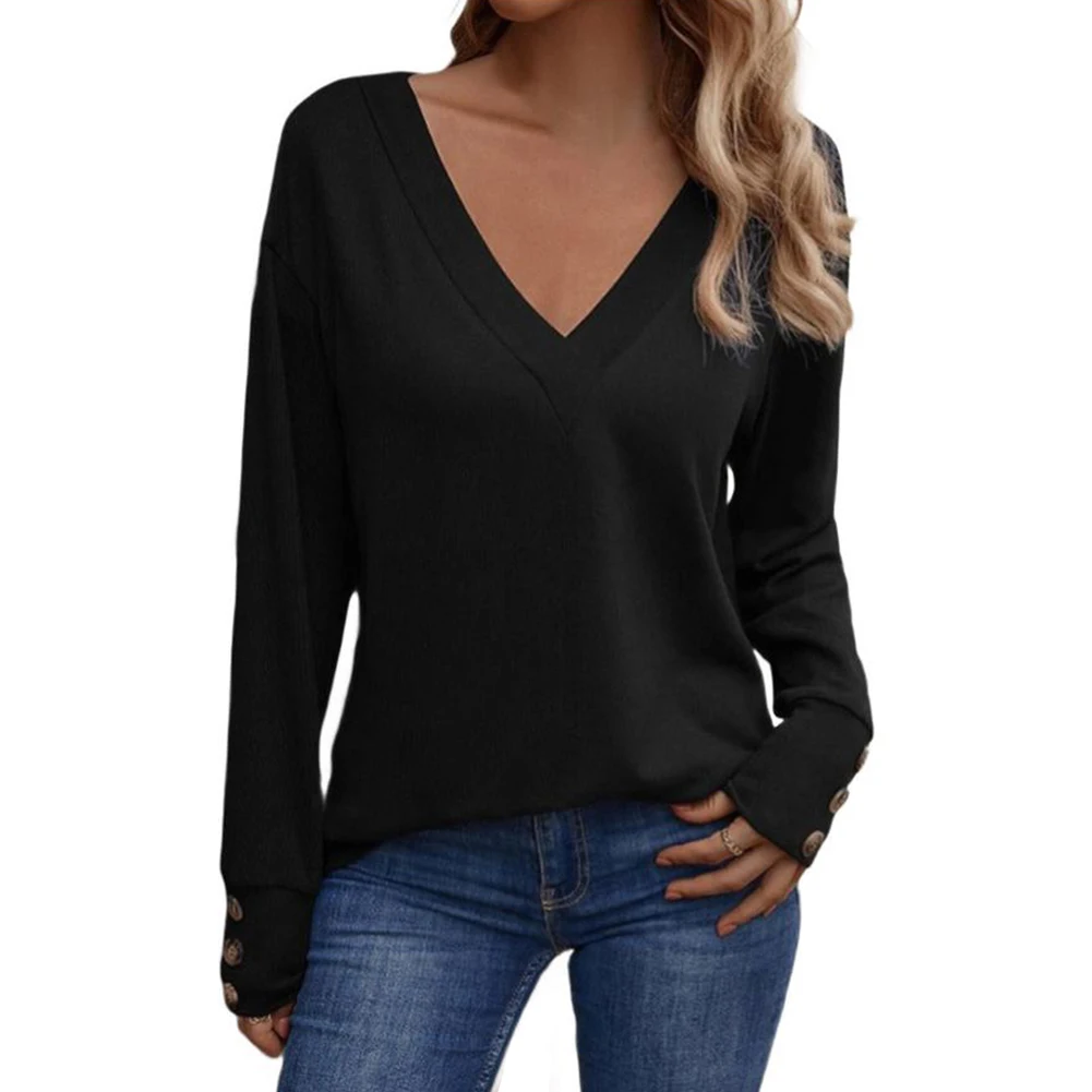 

Loose Fit Casual Women Long Sleeve V Neck Solid Color Tee Shirt Top Designed for Autumn and Spring Casual and Holiday Use