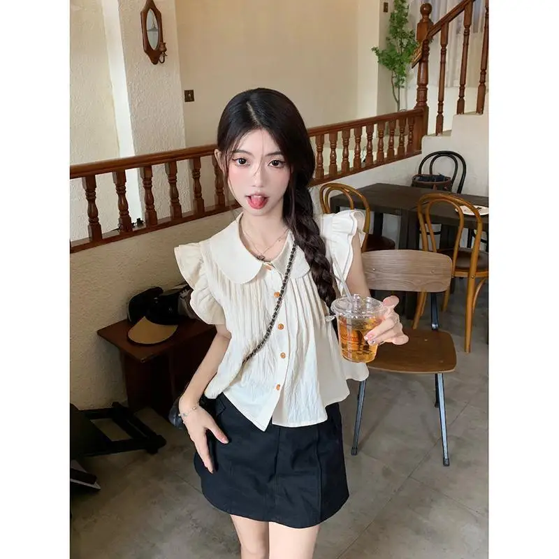 

Short Sleeve Shirts Womens Ins Style Mesh Splicing Pintuck Slim Fit Trendy Artistic Urban Student Youthful Blogger Modern Ins