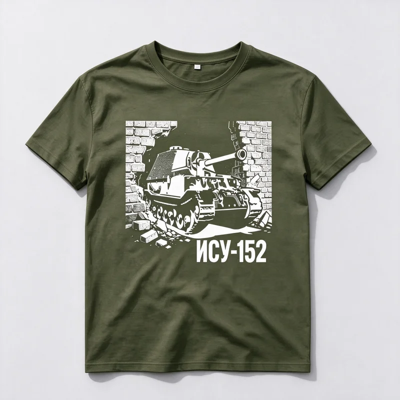 Men ISU‑152 Tank Graphic T‑Shirt WWII Military Vehicle Print Short Sleeve Tops Cotton Tee Vintage History Enthusiast Casual